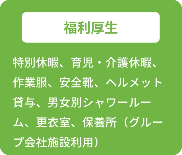 福利厚生 特別休暇、育児・介護休暇、作業服、安全靴、ヘルメット貸与、男女別シャワールーム、更衣室、保養所(グループ会社施設利用)